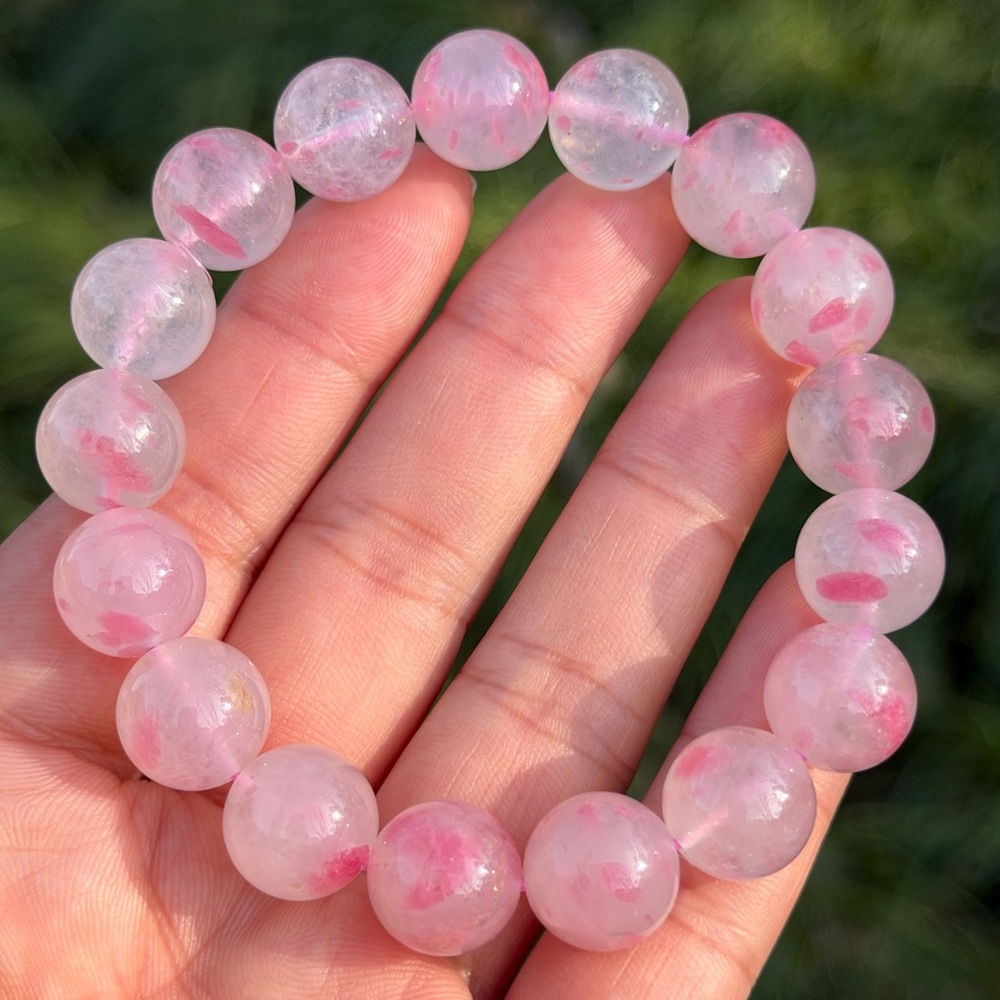 12.5mm stretchable‎ pink sakura ice rhodonite bracelet 1183